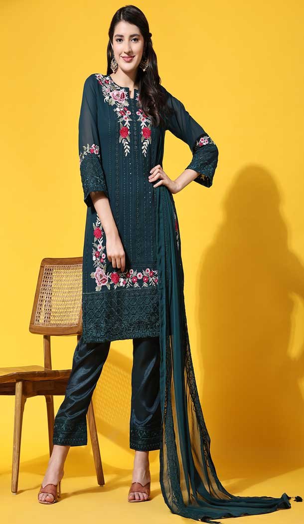 Casual Party Wear Faux Georgette Embroidered Salwar Suit In Rama – 7743177962