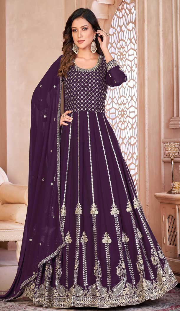 Majestic Traditional Faux Georgette With Embroidery Work Anarkali Salwar Suit In Wine – 7746177974