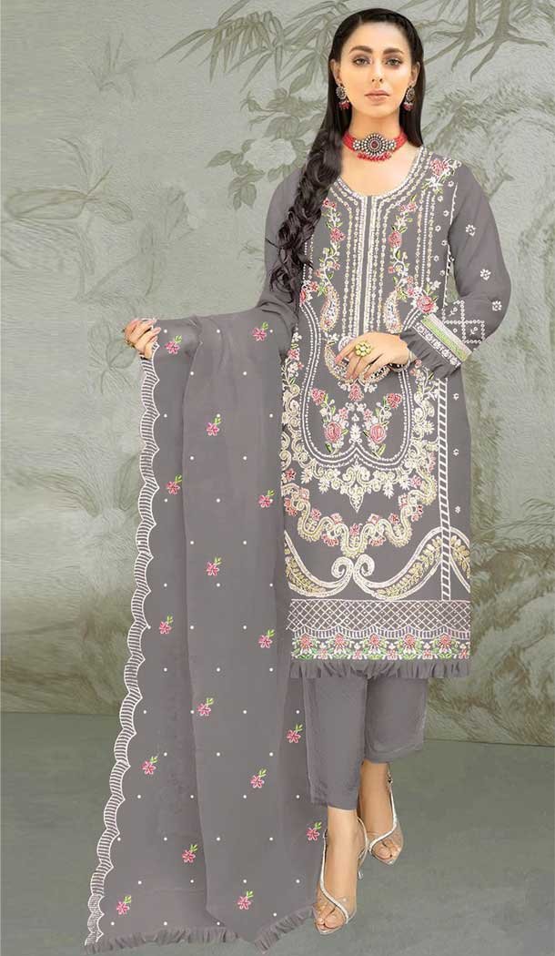 Traditional Organza Embroidered Function Wear Pakistani Style Salwar Suit In Dark Grey – 7809178381