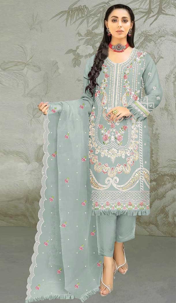 Traditional Organza Embroidered Function Wear Pakistani Style Salwar Suit In Light Grey – 7809178382