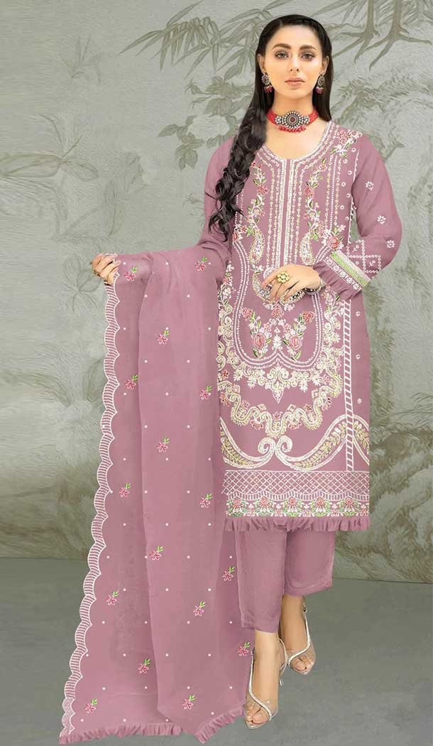 Traditional Organza Embroidered Function Wear Pakistani Style Salwar Suit In Mauve – 7809178383