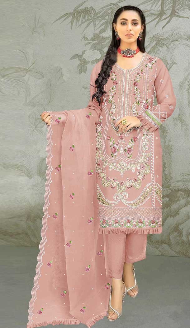 Traditional Organza Embroidered Function Wear Pakistani Style Salwar Suit In Peach – 7809178384