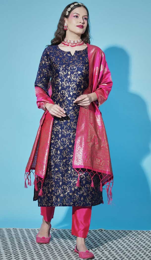 Blue Color Cotton Silk With Woven Work Designer Festival Wear Heavy Salwar Suit – 7847178623