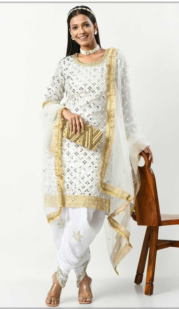 Party Wear White Viscose Velvet Patiala Punjabi Suit With Embroidery Work – 7884178868