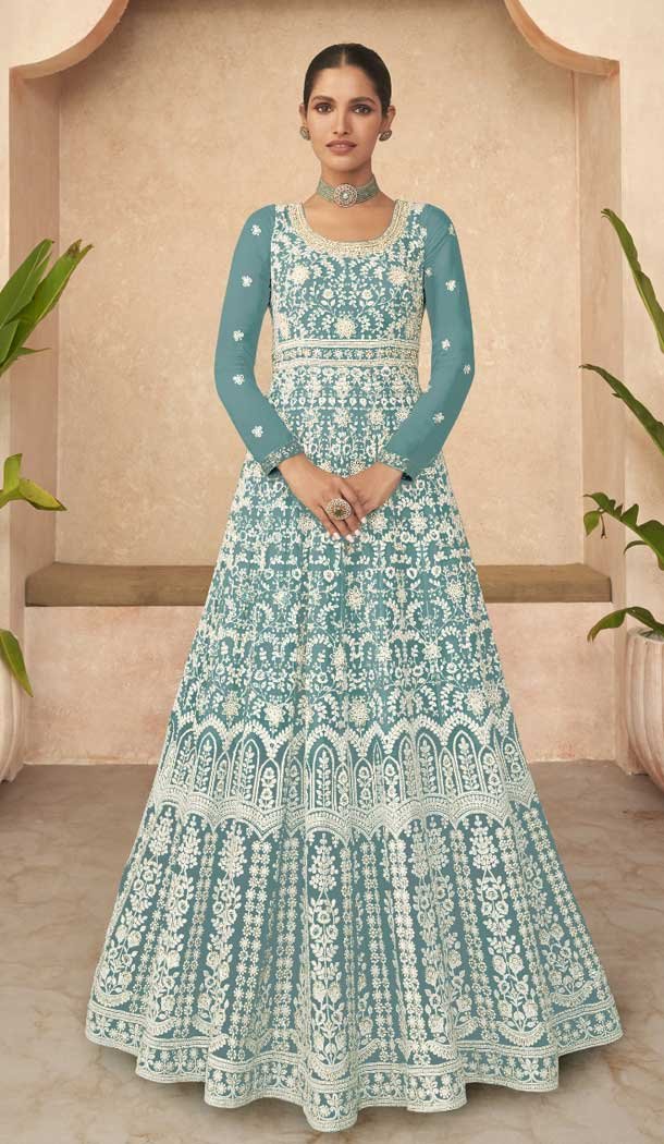 Faux Georgette With Sequins Embroidery Work Party Wear Anarkali Salwar Suit In Sky Color – 7919179041