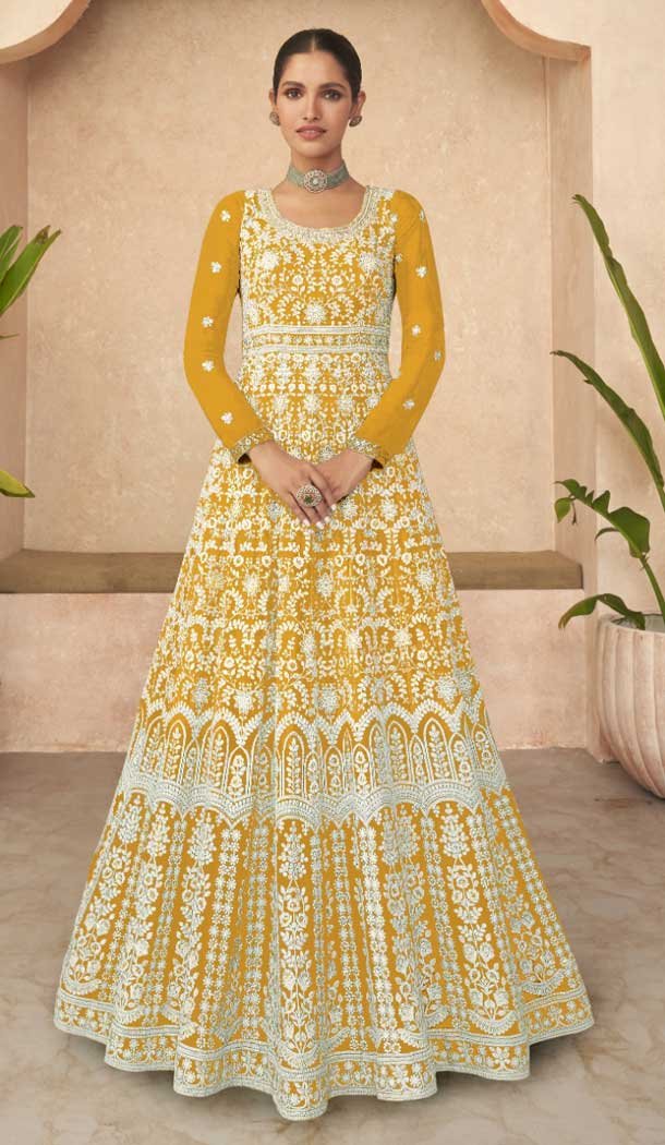 Faux Georgette With Sequins Embroidery Work Party Wear Anarkali Salwar Suit In Yellow Color – 7919179043