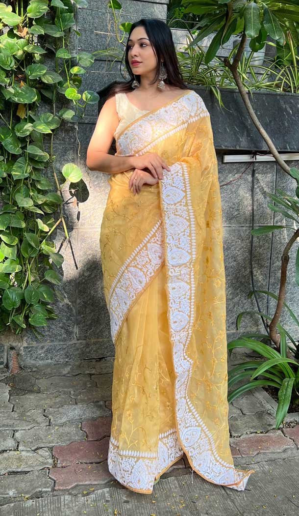 Festival Party Wear Embroidery Work Organza Saree In Yellow – 8098180304