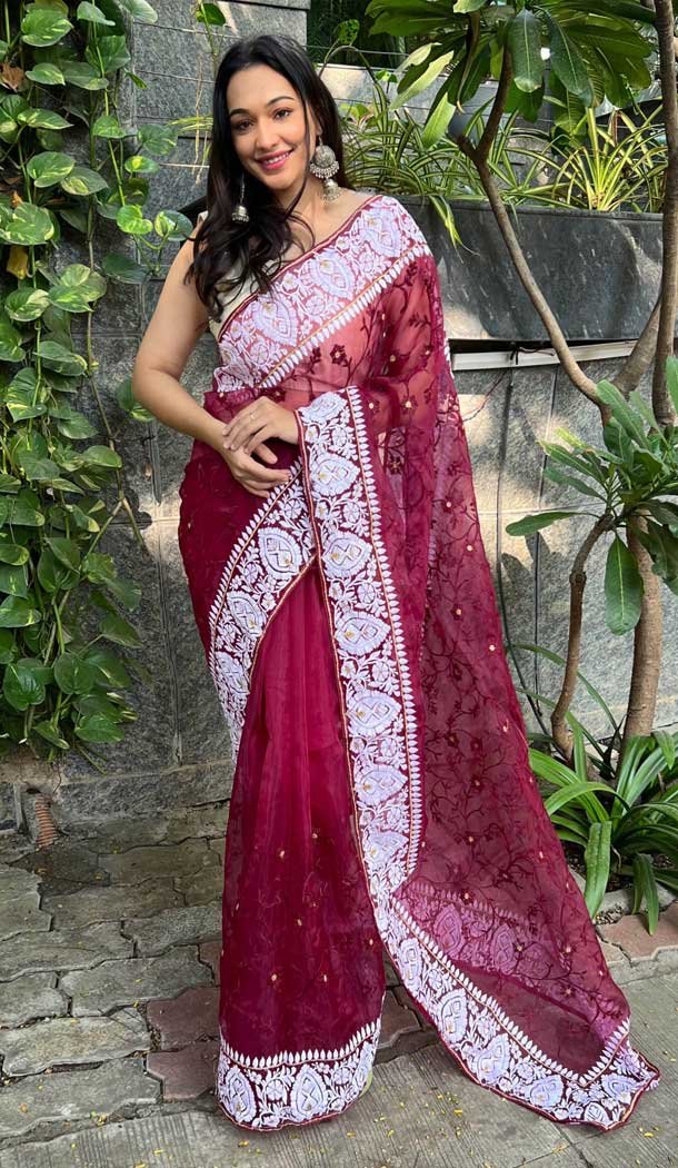 Festival Party Wear Embroidery Work Organza Saree In Burgundy – 8098180306