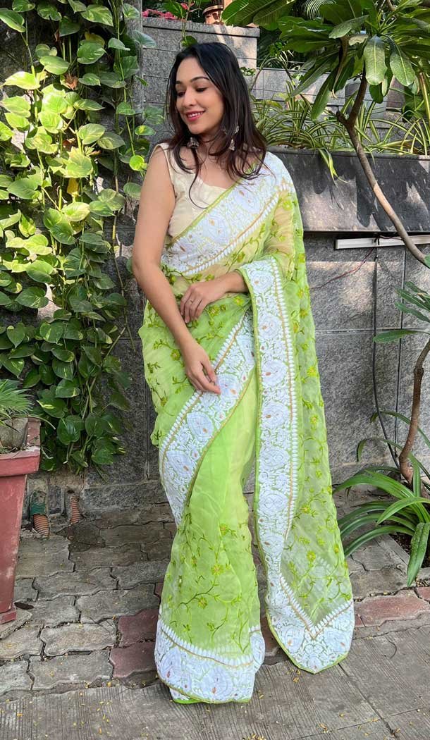 Festival Party Wear Embroidery Work Organza Saree In Green – 8098180308