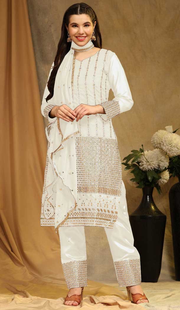 Traditional White Faux Georgette Casual Wear Pakistani Salwar Kameez – 8153180760