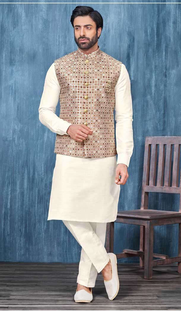 Banarasi Silk Digital Print Work Men Readymade Kurta Pajama With Jacket In Cream – 8232181301