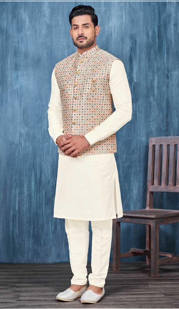 Cream Digital Print Work Banarasi Silk Men Readymade Kurta Pajama With Jacket – 8232181302