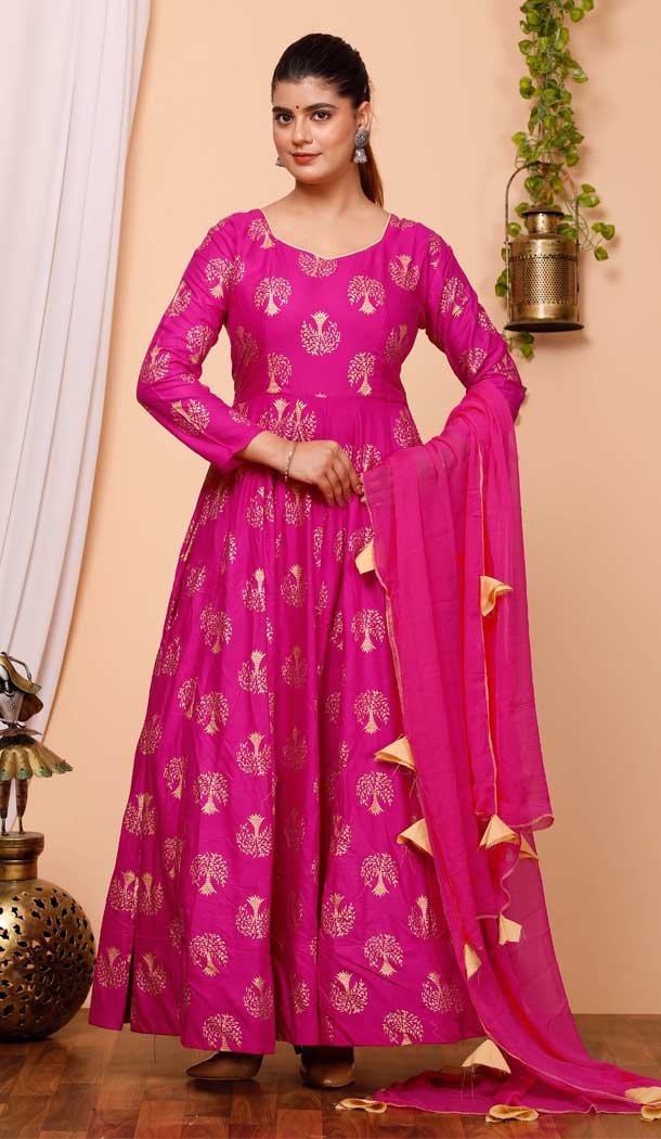 Pure Rayon Foil Print Work Pink Party Wear Readymade Gown With Dupatta – 8275181554