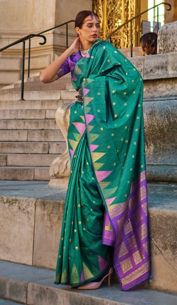 Plus Size Women Khadi Silk Woven Work Casual Party Wear Saree In Green – 828181594