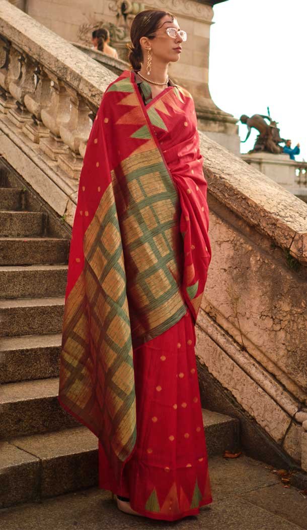 Plus Size Women Khadi Silk Woven Work Casual Party Wear Saree In Red – 828181595