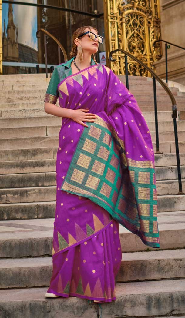 Plus Size Women Khadi Silk Woven Work Casual Party Wear Saree In Purple – 828181598