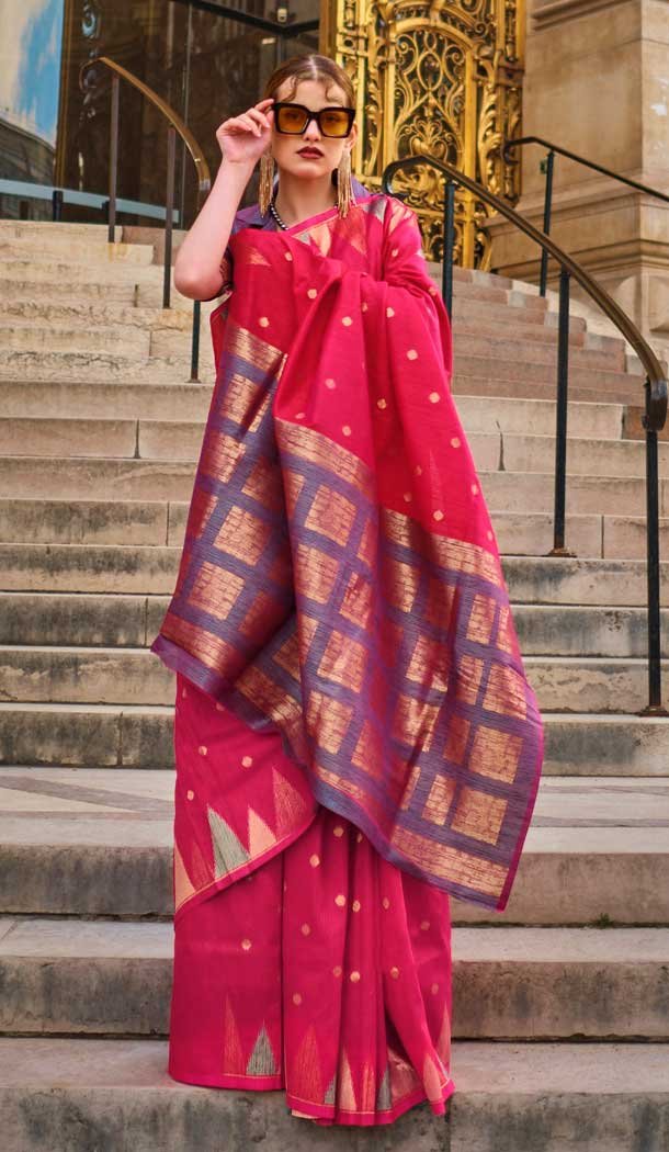 Plus Size Women Khadi Silk Woven Work Casual Party Wear Saree In Rani – 828181600