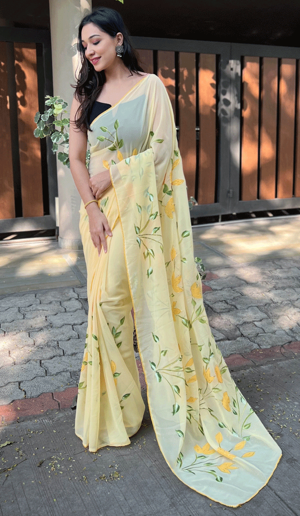 Georgette Brush Printed And Foil Work Yellow Casual Party Wear Saree – 8301181692