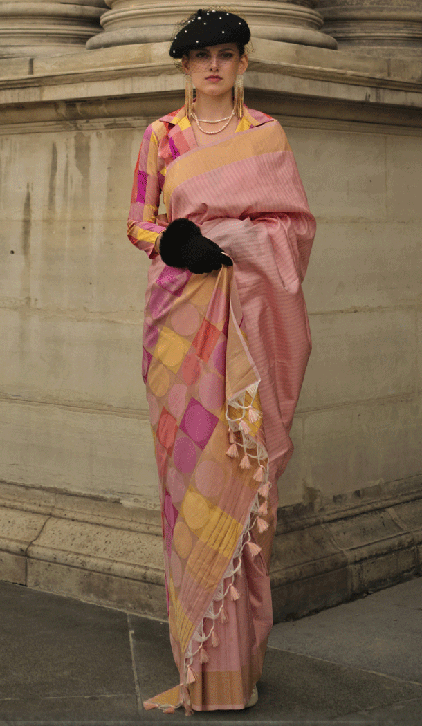 Function Wear Soft Silk Printed With Weaving Work Casual Saree In Peach Pink – 8304181709