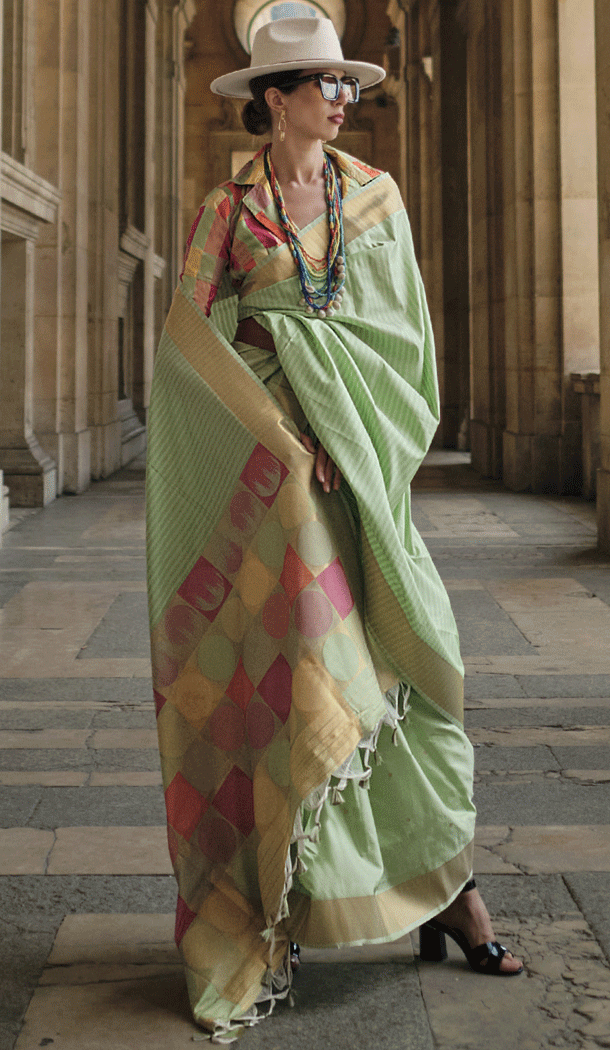 Function Wear Soft Silk Printed With Weaving Work Casual Saree In Pista – 8304181710