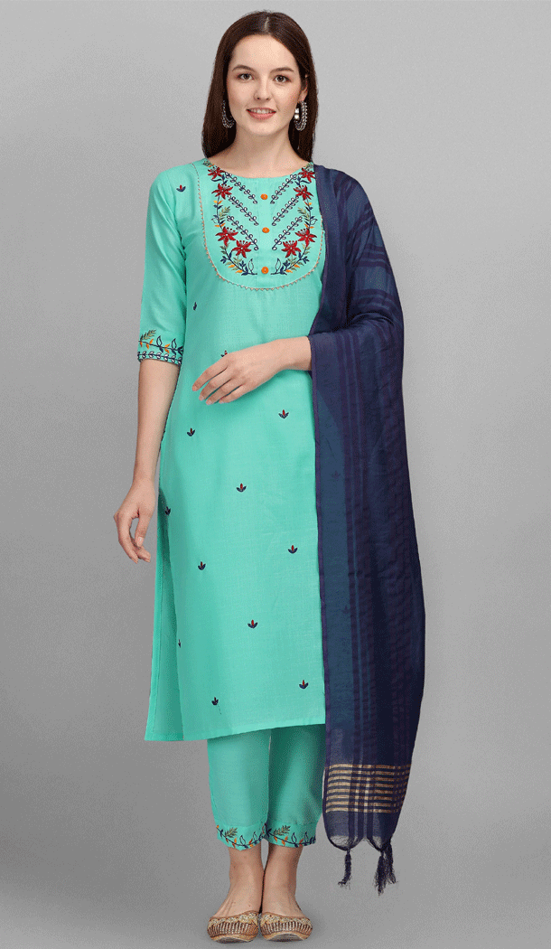 Embroidered Cotton Casual Wear Readymade Salwar Kameez In Firozi – 8309181725