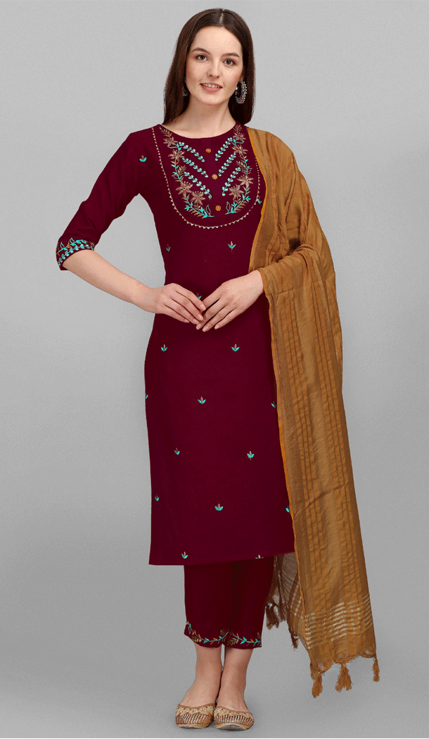 Embroidered Cotton Casual Wear Readymade Salwar Kameez In Maroon – 8309181727