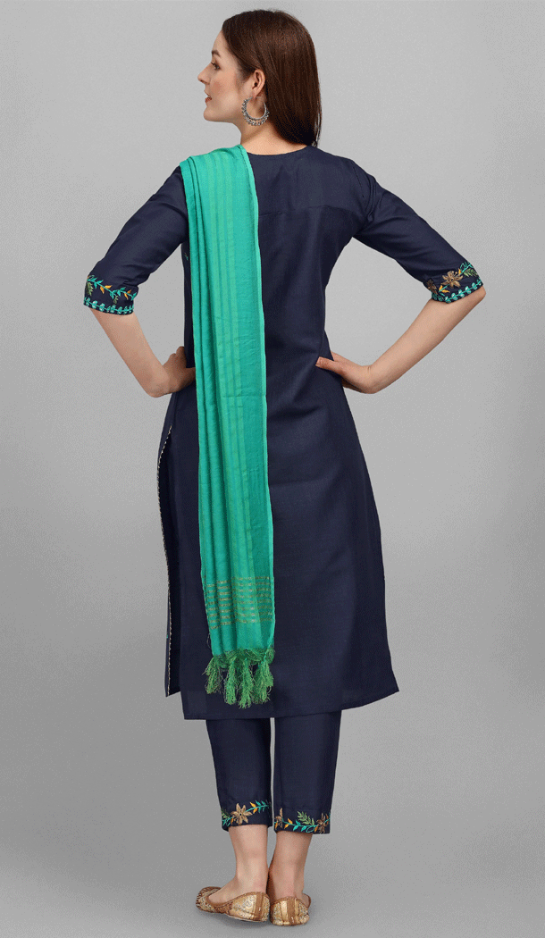 Embroidered Cotton Casual Wear Readymade Salwar Kameez In Navy Blue – 8309181728