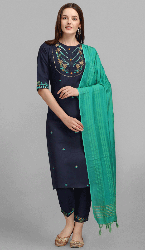 Embroidered Cotton Casual Wear Readymade Salwar Kameez In Navy Blue – 8309181728