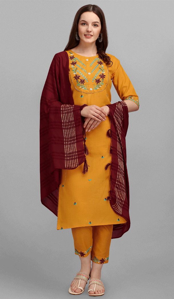 Embroidered Cotton Casual Wear Readymade Salwar Kameez In Mustard – 8309181729