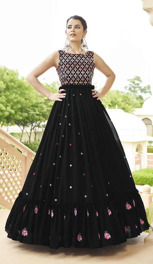 Georgette Sequence Embroidery Work Party Wear Gown In Black – 8340181891