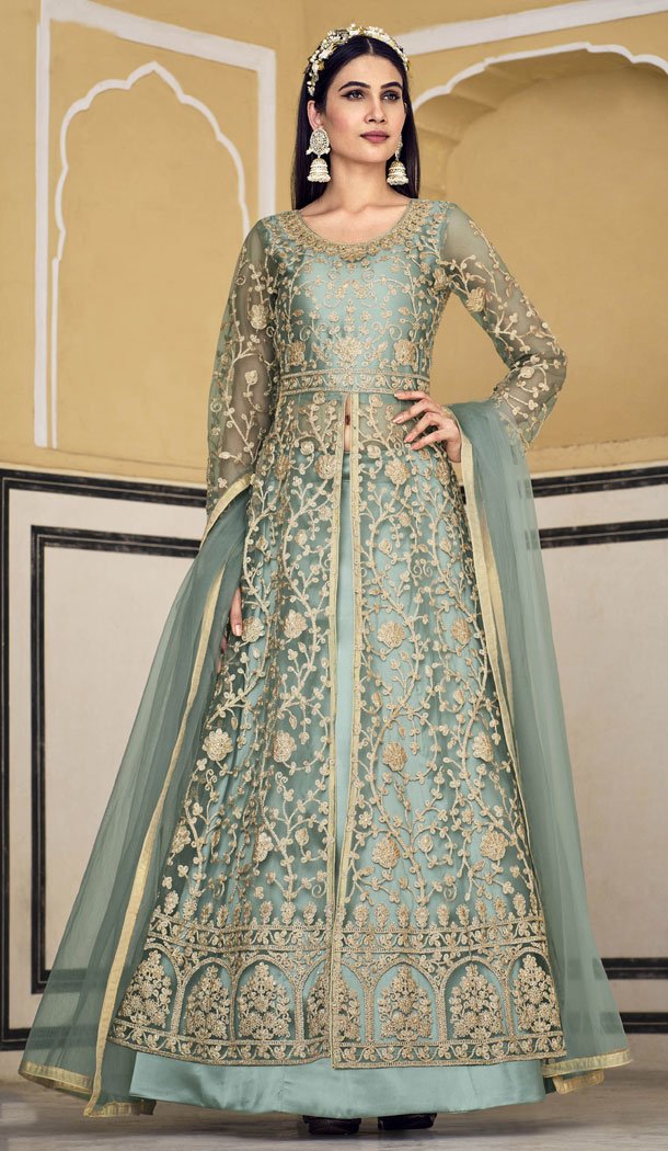 Wedding Wear Pure Butterfly Net Embroidered Anarkali Style Salwar Suit In Sky Blue – 8349181926