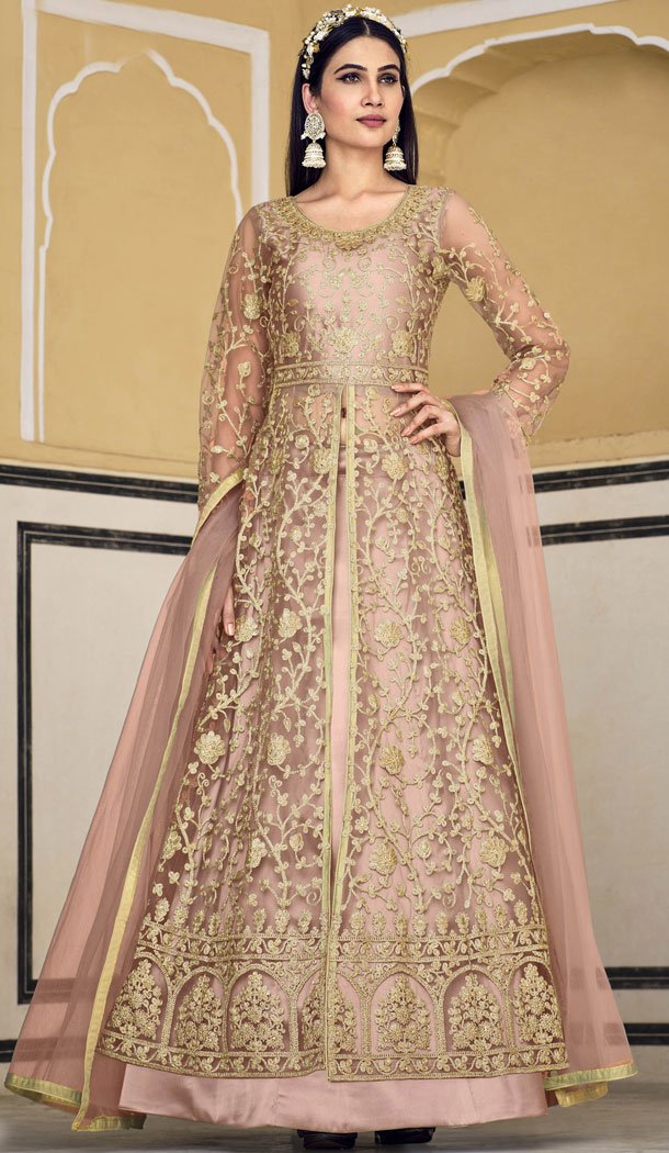 Wedding Wear Pure Butterfly Net Embroidered Anarkali Style Salwar Suit In Peach – 8349181927