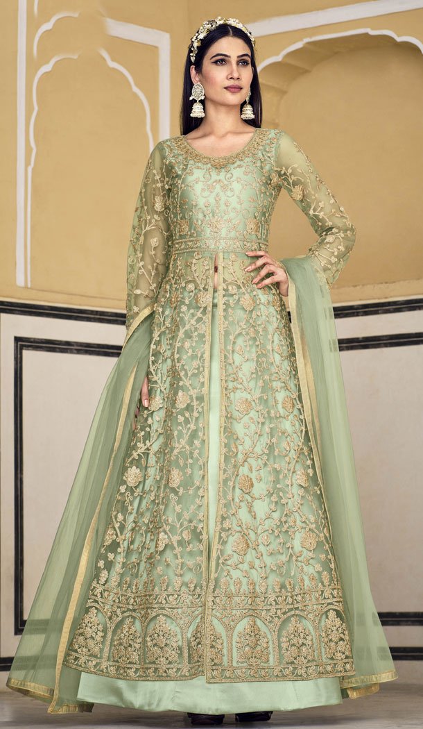 Wedding Wear Pure Butterfly Net Embroidered Anarkali Style Salwar Suit In Pista – 8349181928