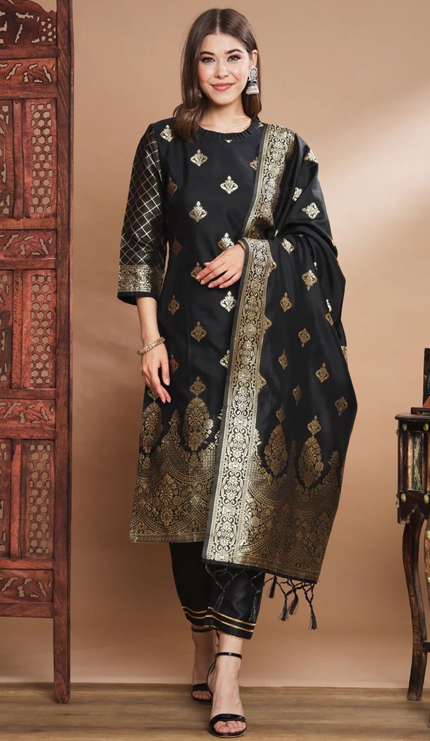 Black Traditional Cotton Silk Woven Work Casual Wear Readymade Salwar Suit – 8354181946