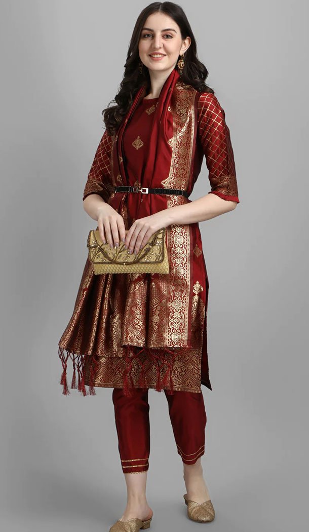 Maroon Traditional Cotton Silk Woven Work Casual Wear Readymade Salwar Suit – 8354181948