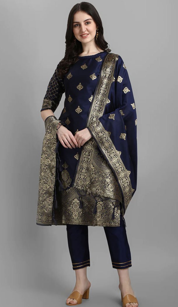 Navy Blue Traditional Cotton Silk Woven Work Casual Wear Readymade Salwar Suit – 8354181949