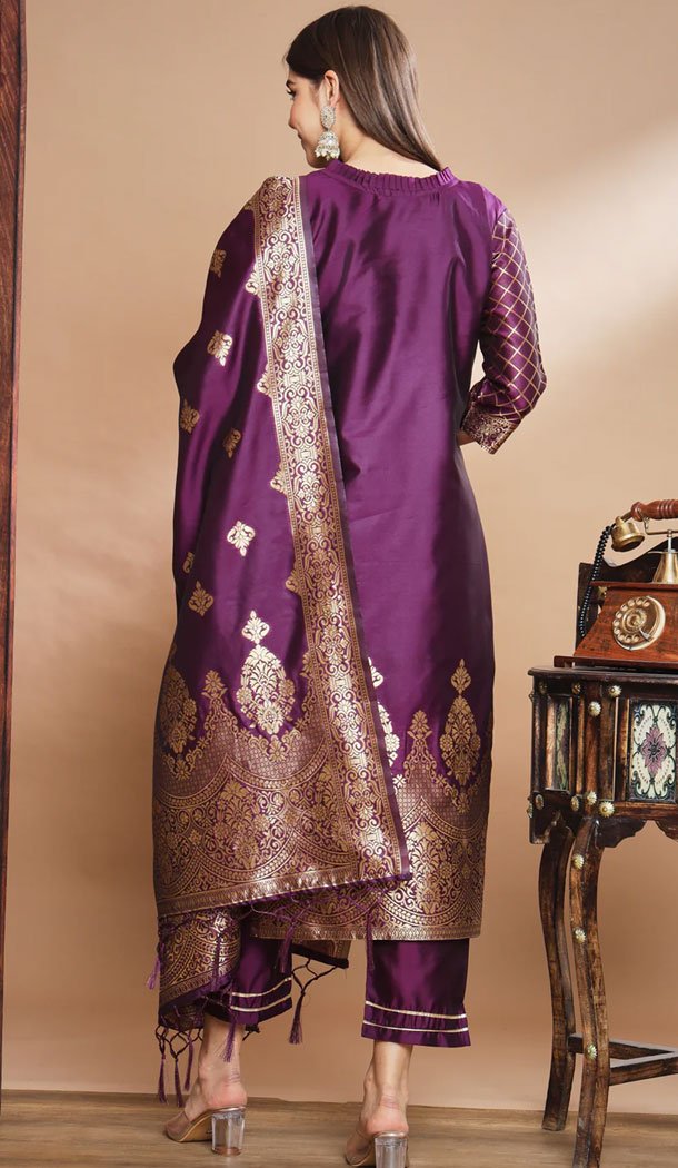 Purple Traditional Cotton Silk Woven Work Casual Wear Readymade Salwar Suit – 8354181951