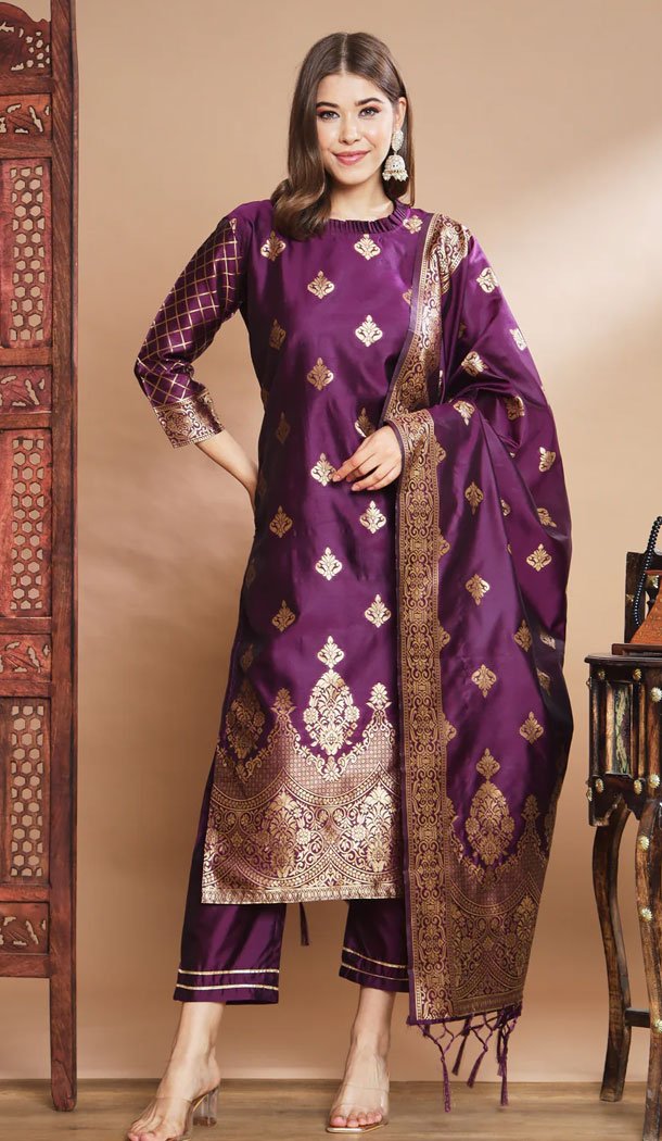 Purple Traditional Cotton Silk Woven Work Casual Wear Readymade Salwar Suit – 8354181951