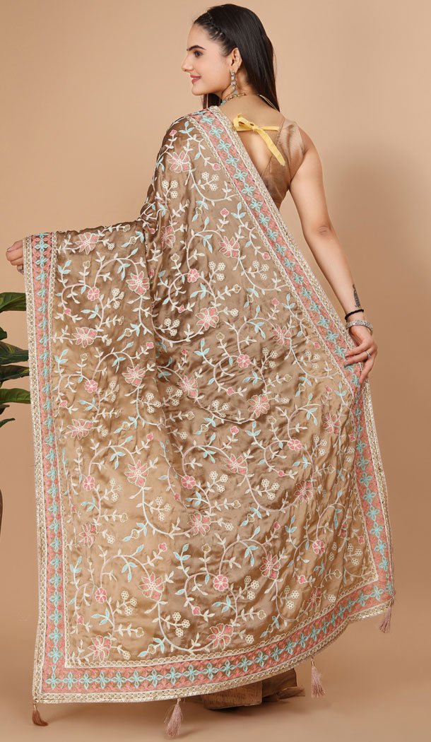 Party Wear Soft Rangoli Silk Embroidered Beige Color Designer Saree – 8378182073