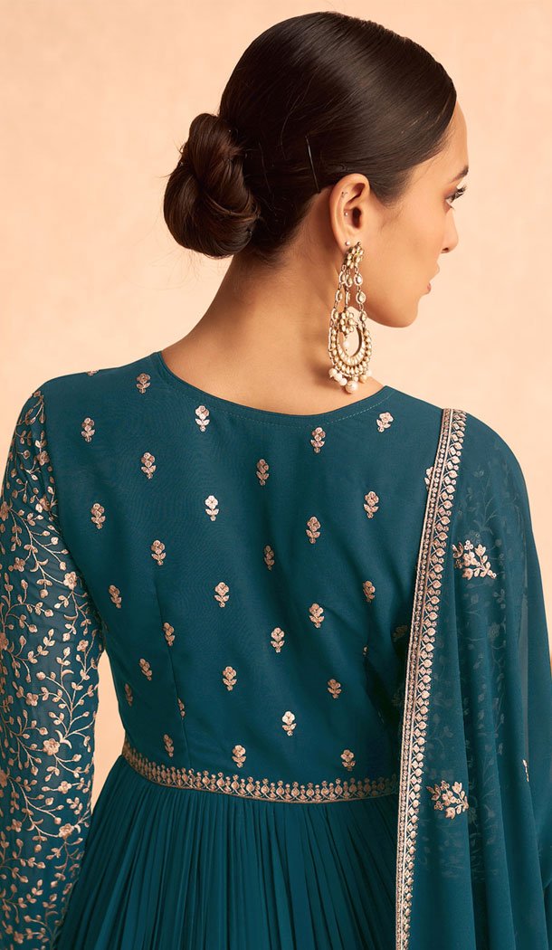 Georgette Embroidery Work Anarkali Style Salwar Suit In Teal Blue – 8415182281