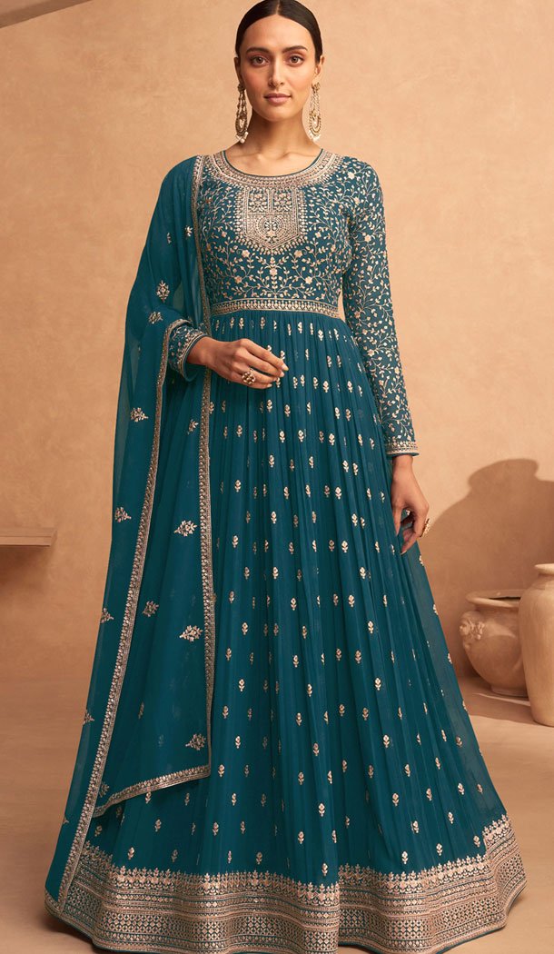 Georgette Embroidery Work Anarkali Style Salwar Suit In Teal Blue – 8415182281