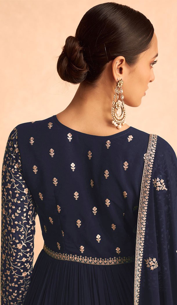 Georgette Embroidery Work Anarkali Style Salwar Suit In Navy Blue – 8415182282