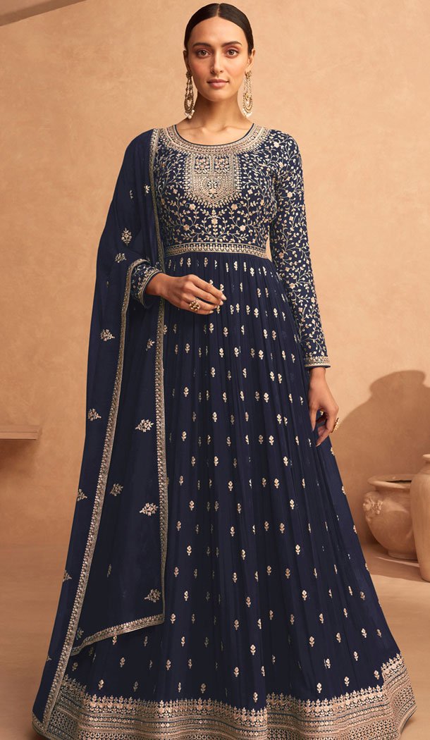 Georgette Embroidery Work Anarkali Style Salwar Suit In Navy Blue – 8415182282