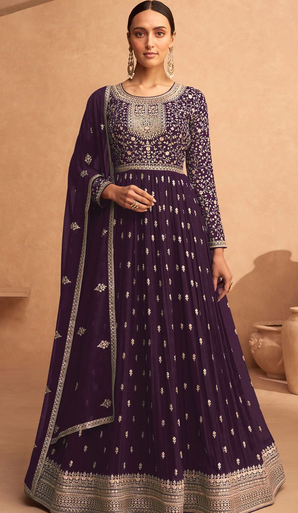 Georgette Embroidery Work Anarkali Style Salwar Suit In Purple – 8415182283