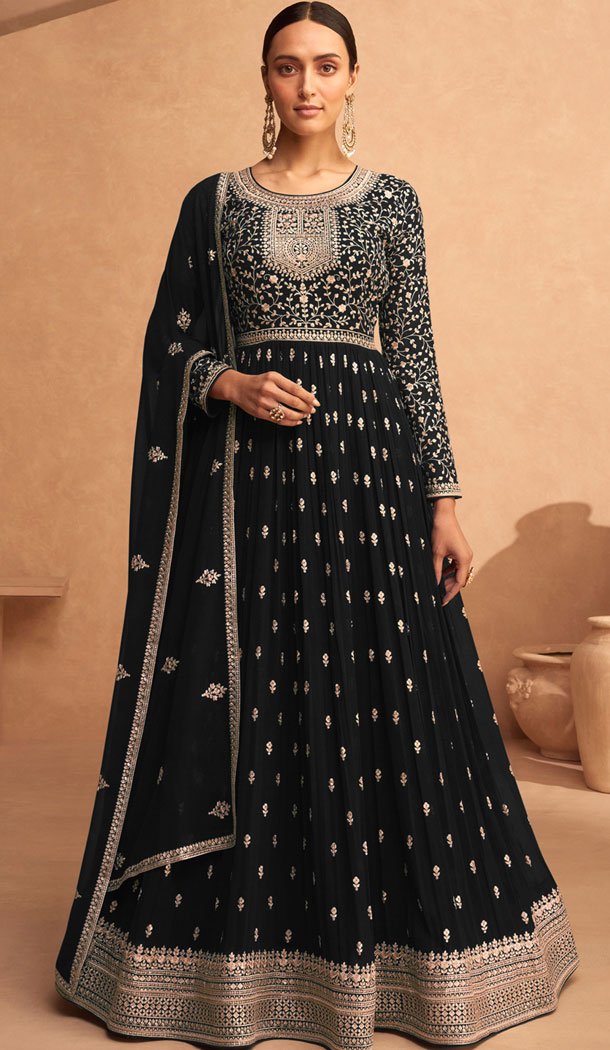 Georgette Embroidery Work Anarkali Style Salwar Suit In Black – 8415182284