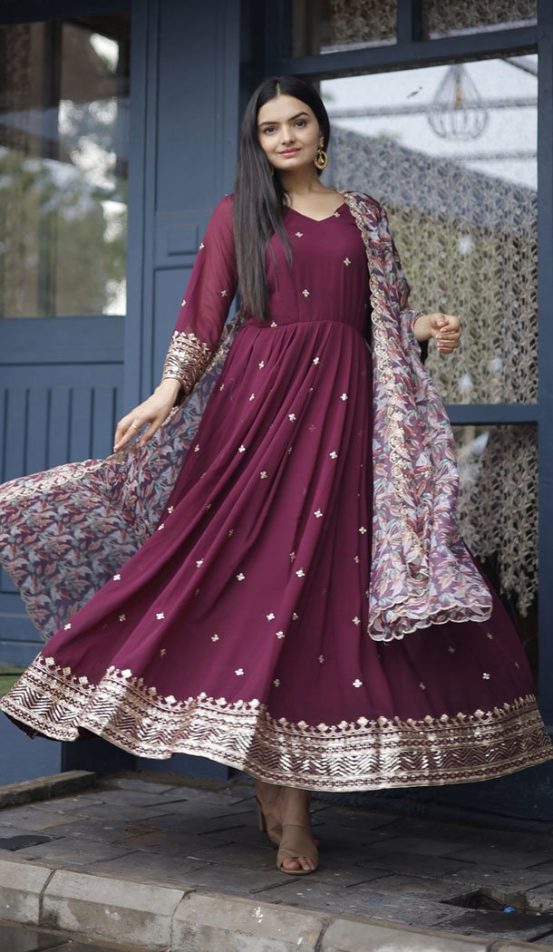 Faux Georgette Sequins Work Purple Readymade Gown With Dupatta – 8506182829