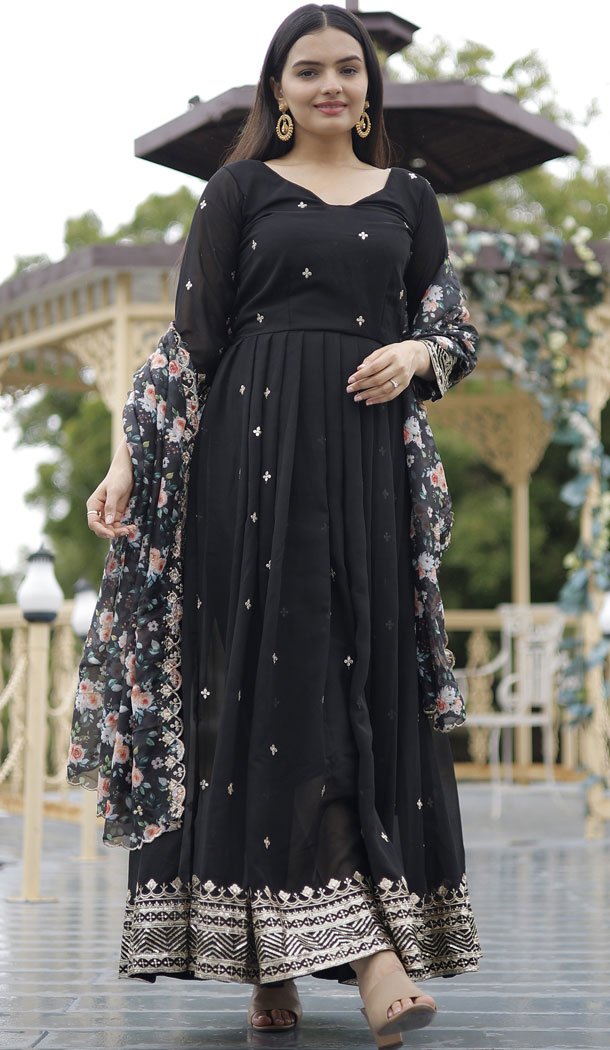 Faux Georgette Sequins Work Black Readymade Gown With Dupatta – 8506182831