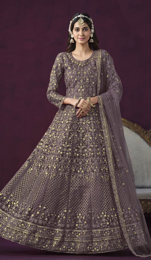 Dark Grey Color Net Embroidery Work Anarkali Style Salwar Suit – 8507182834