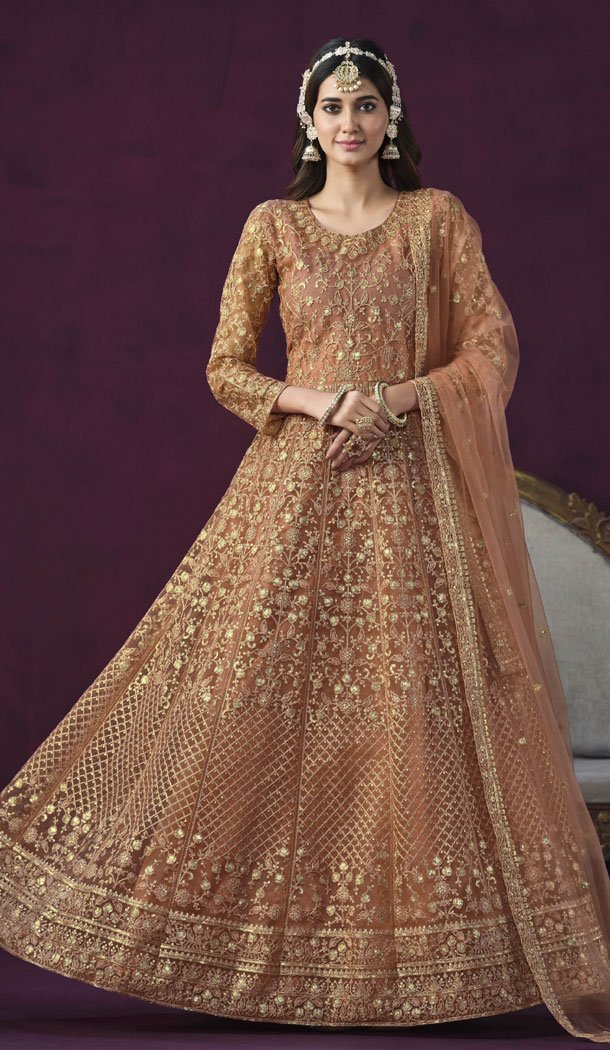 Golden Peach Color Net Embroidery Work Anarkali Style Salwar Suit – 8507182835