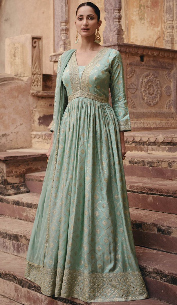 Mint Green Viscose Silk Embroidery Work Anarkali Salwar Kameez – 8521182886